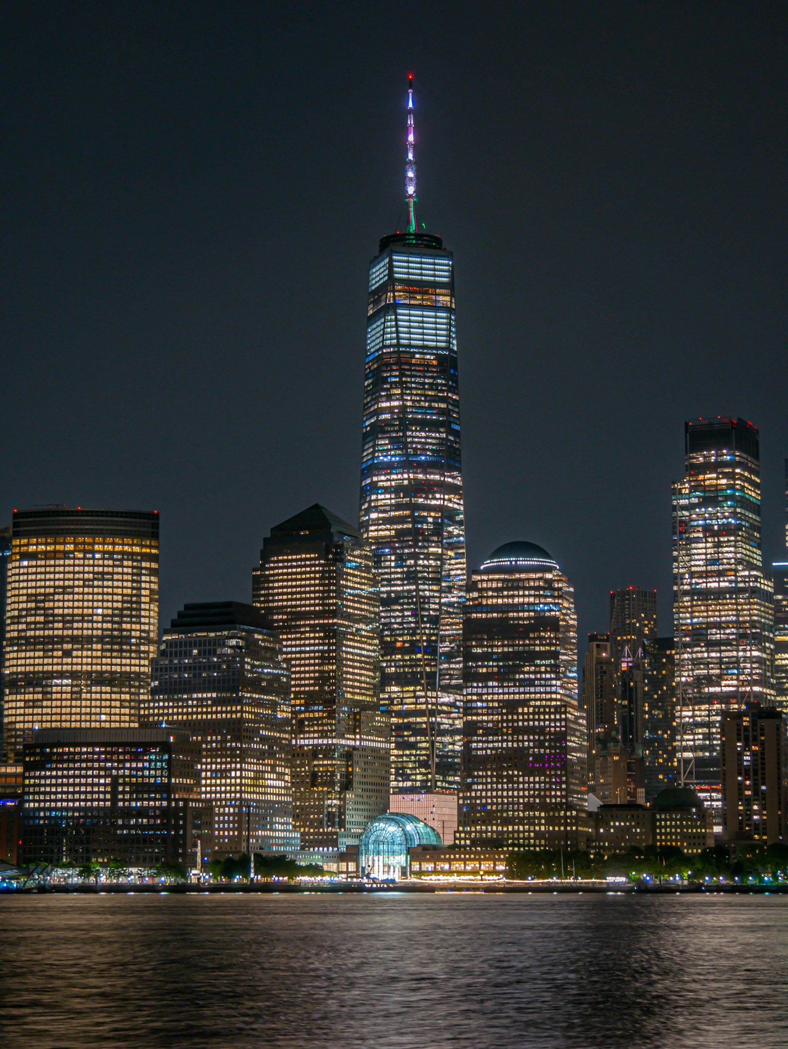 One World Trade Center and the Lower Manhattan skyline at night